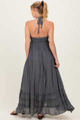 Gray Halter Neck Smocked Maternity Maxi Dress