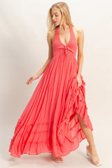 Coral Halter Neck Smocked Maternity Maxi Dress
