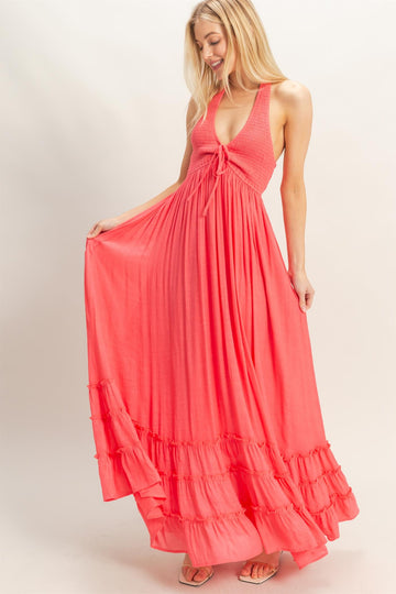 Coral Halter Neck Smocked Maxi Dress