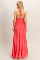 Coral Halter Neck Smocked Maxi Dress