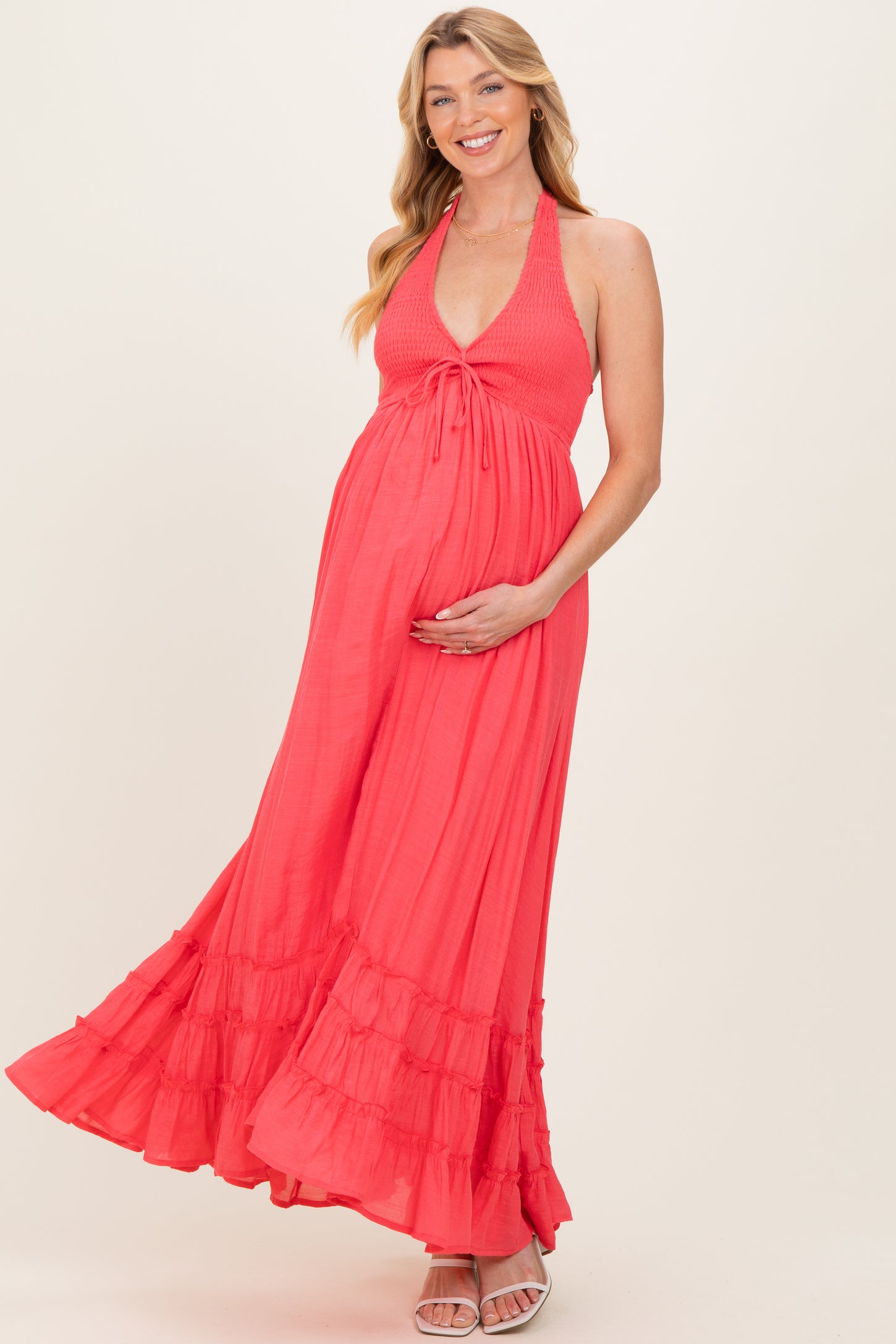 Coral Halter Neck Smocked Maternity Maxi Dress – PinkBlush