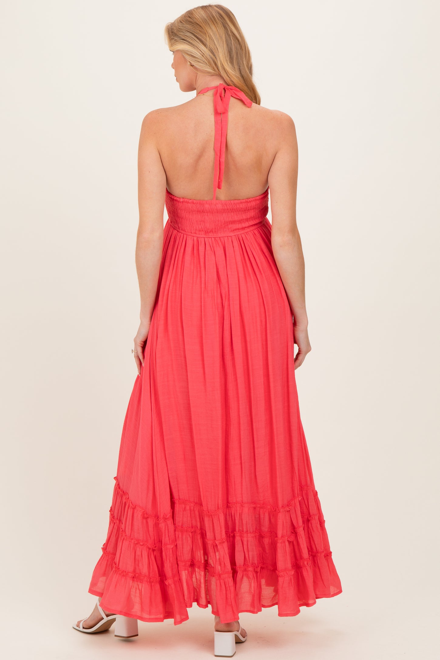 Coral Halter Neck Smocked Maternity Maxi Dress