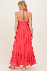 Coral Halter Neck Smocked Maternity Maxi Dress