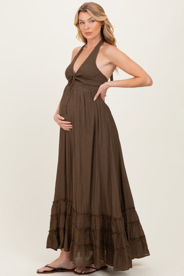 Brown Halter Neck Smocked Maternity Maxi Dress