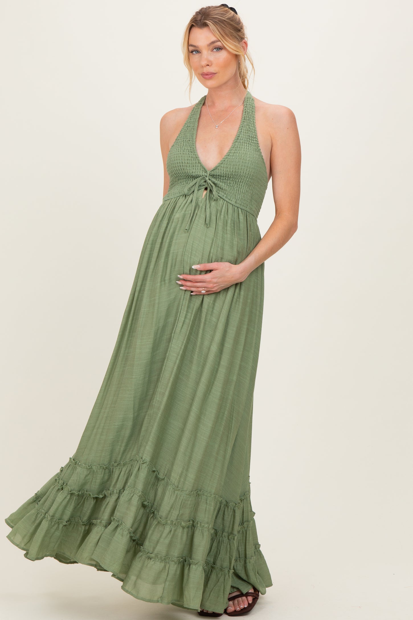 Sage Halter Neck Smocked Maternity Maxi Dress – PinkBlush