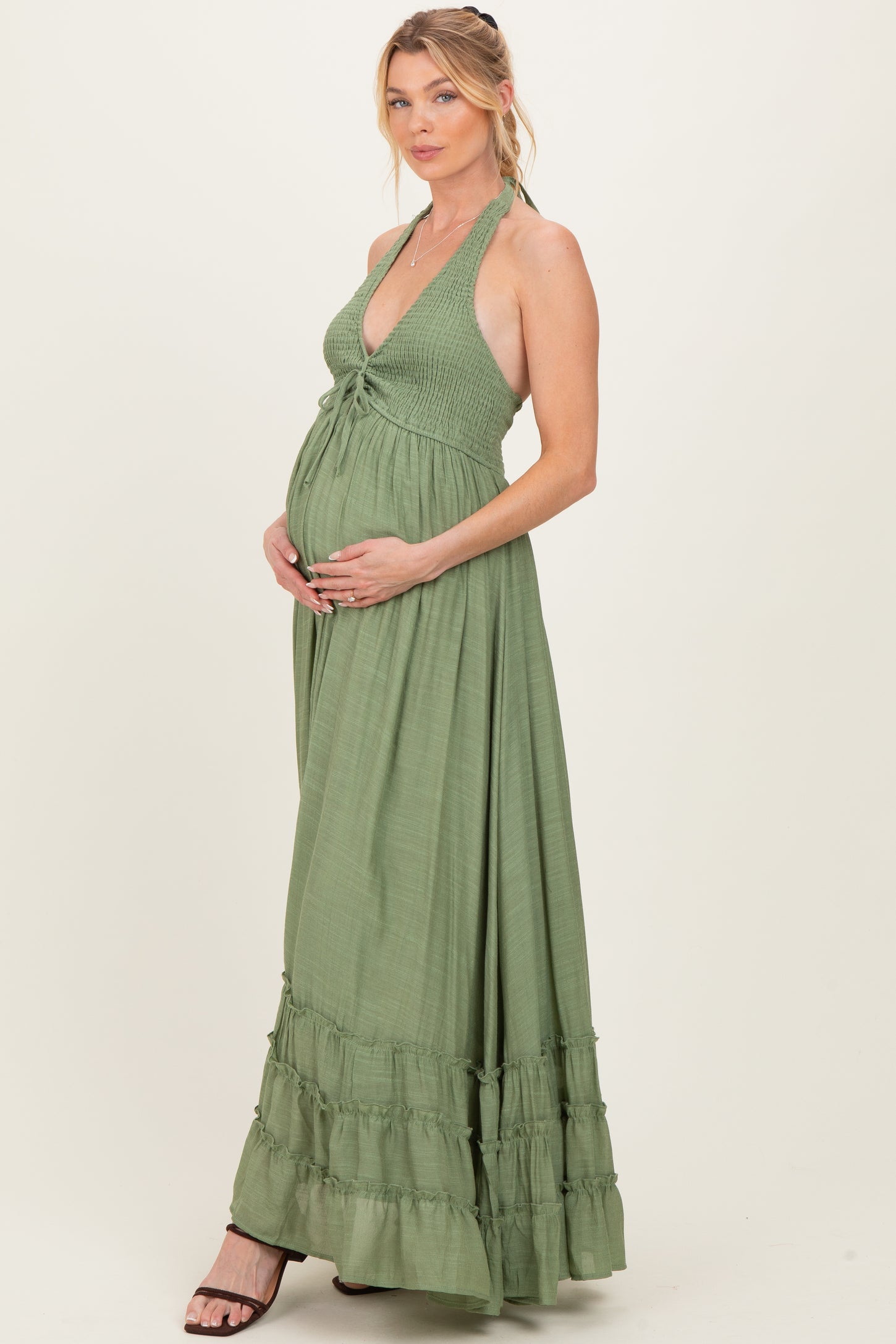 Sage Halter Neck Smocked Maternity Maxi Dress PinkBlush Sage Halter Neck Smocked Maternity Maxi Dress PinkBlush