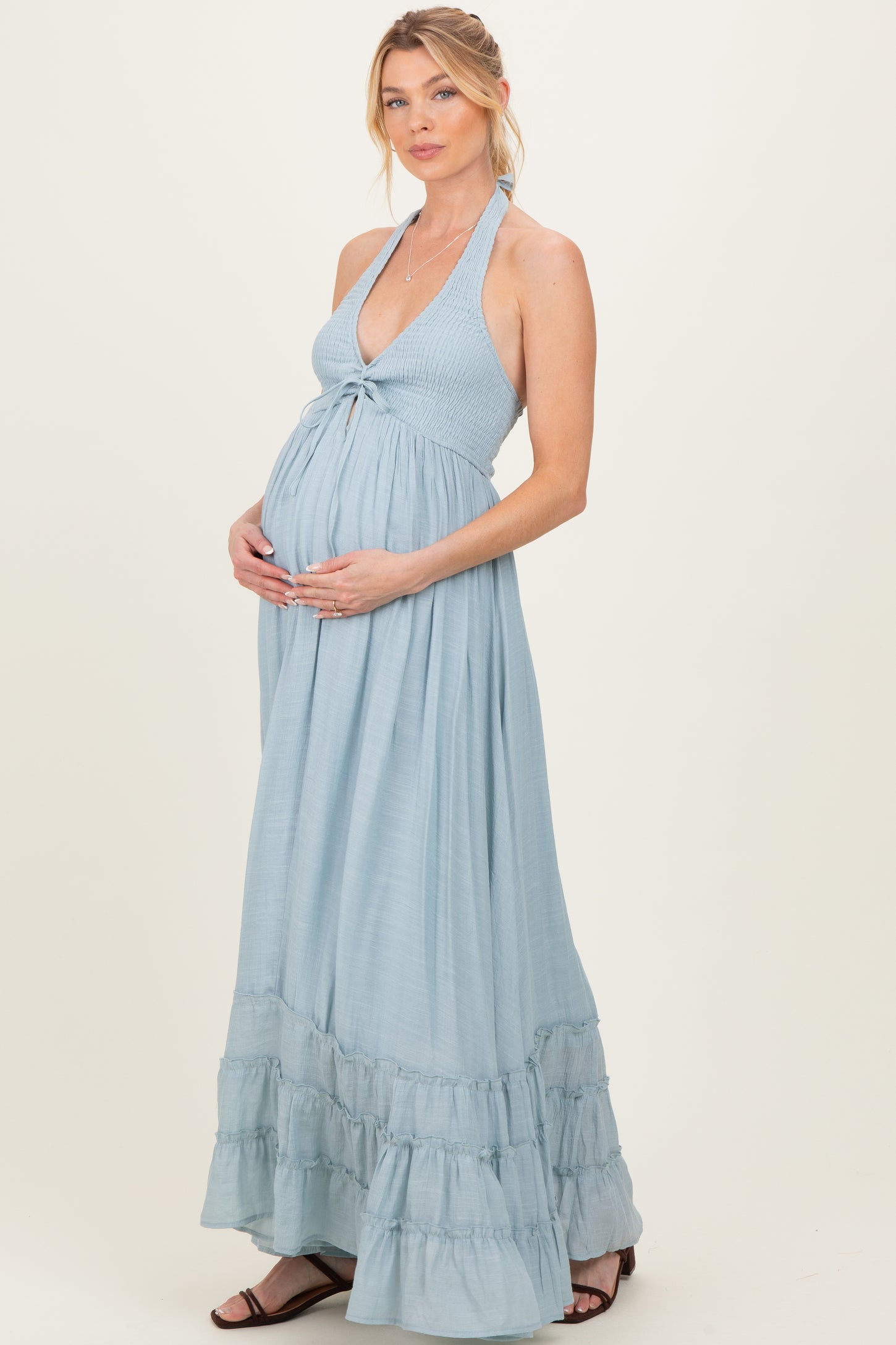 halter neck maternity dress Black Smocked Maxi PinkBlush Midi length Sizing Halter Neck Abstract Dress XL