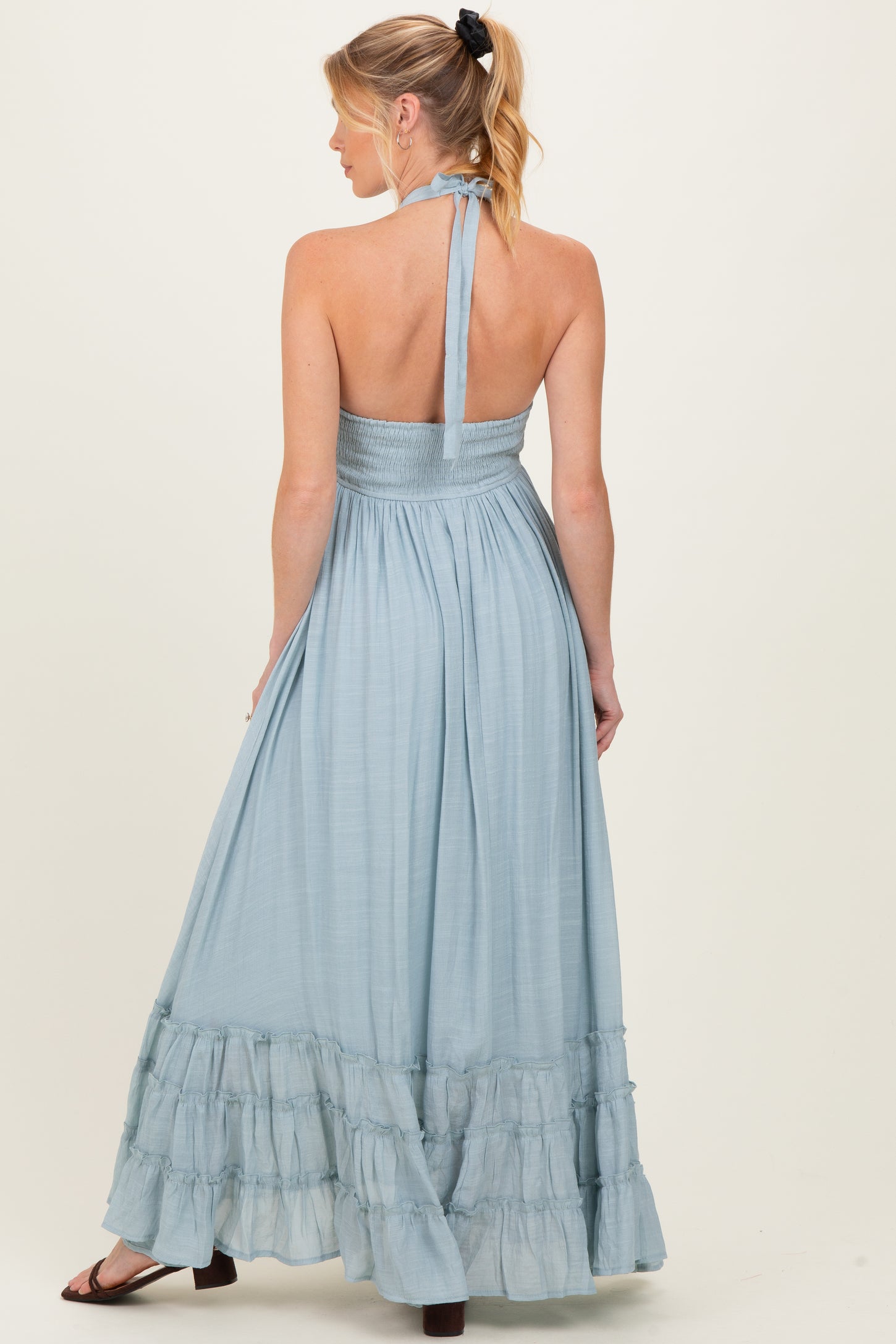 Light Blue Halter Neck Smocked Maternity Maxi Dress PinkBlush Light Blue Halter Neck Smocked Maternity Maxi Dress PinkBlush