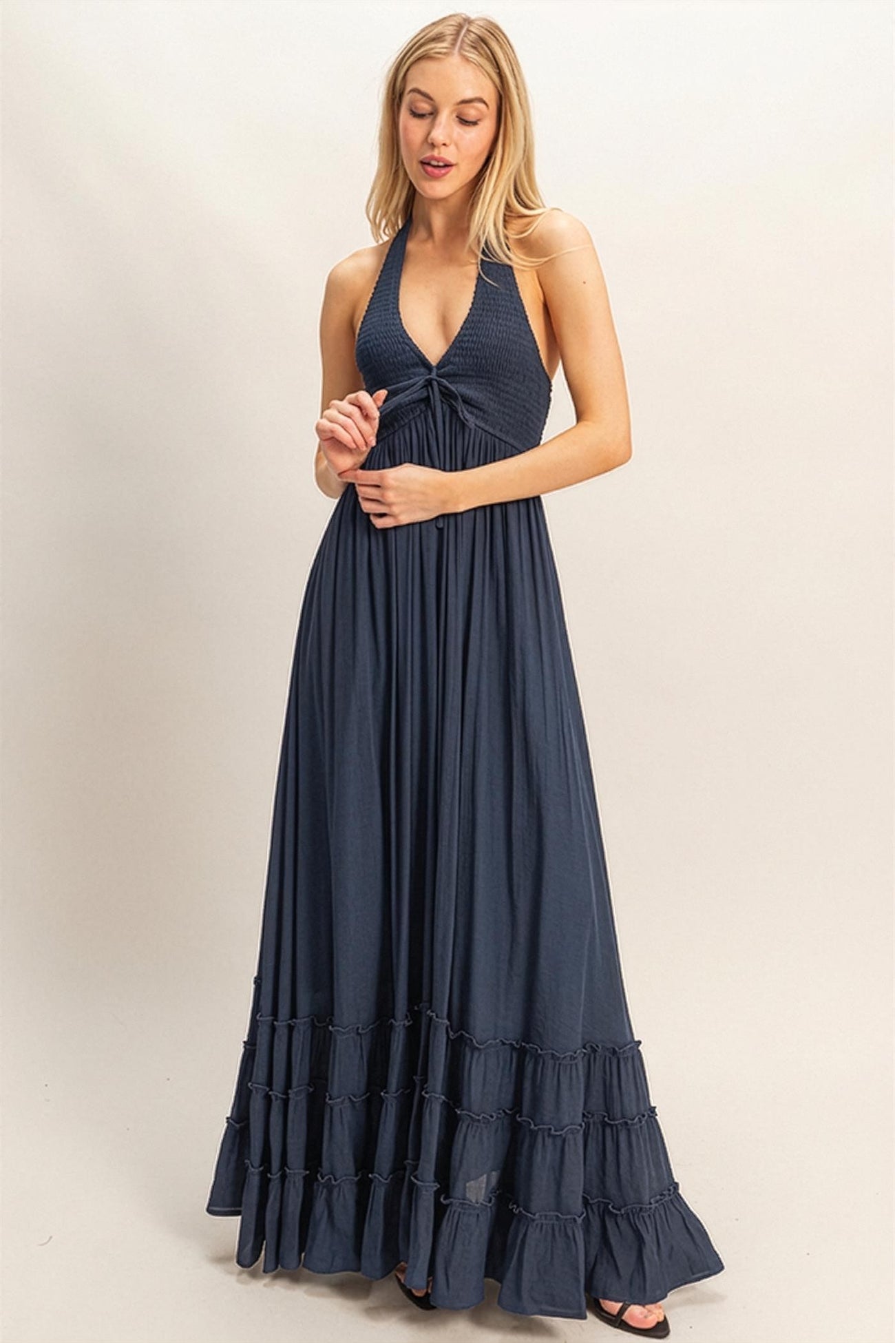 Navy Halter Neck Smocked Maxi Dress  PinkBlush