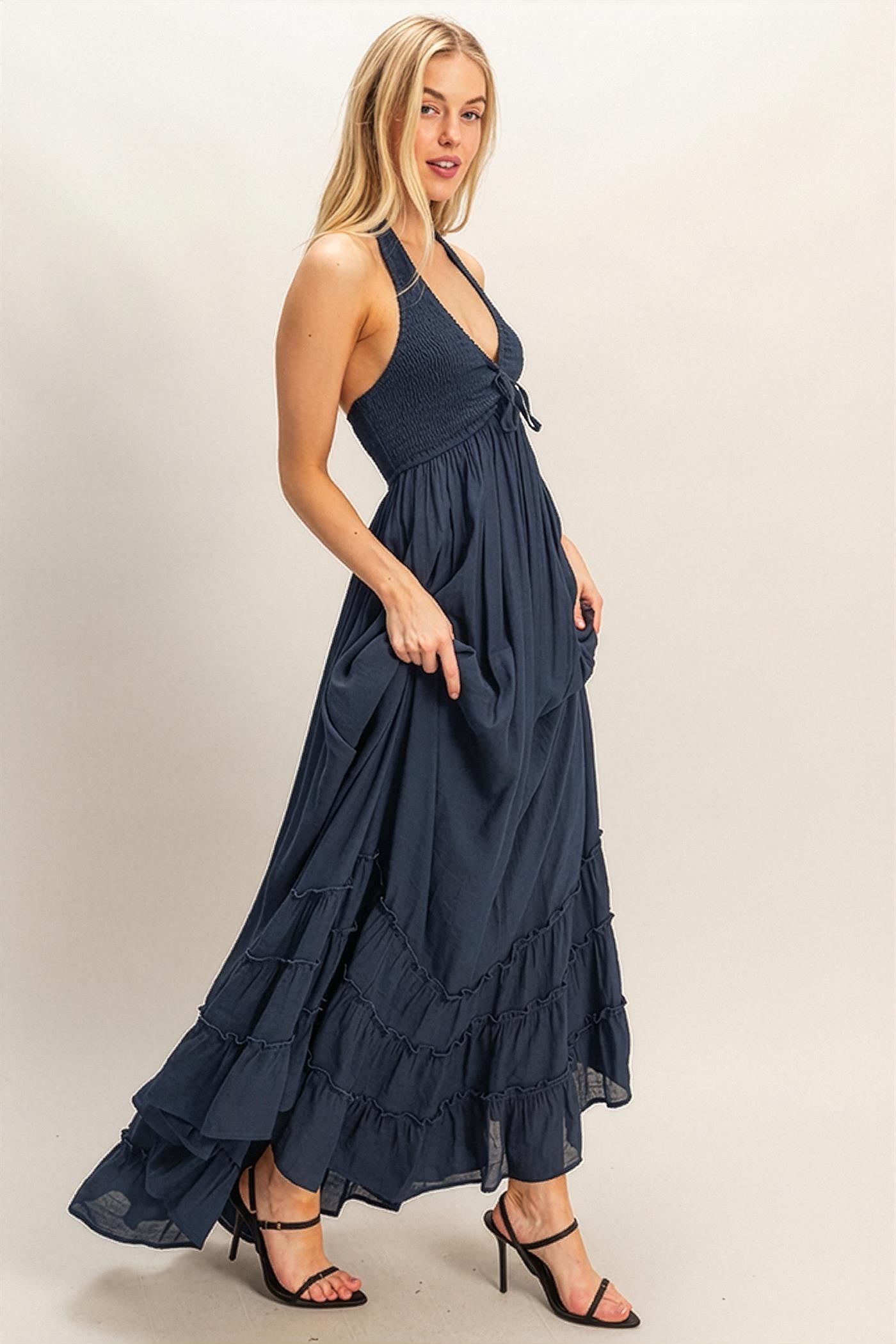 Navy Halter Neck Smocked Maxi Dress  PinkBlush
