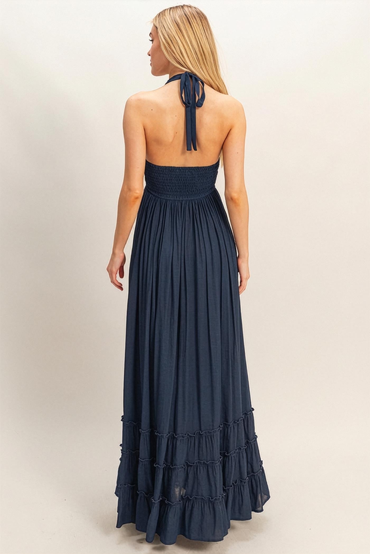 Navy Halter Neck Smocked Maxi Dress Navy Halter Neck Smocked Maxi Dress
