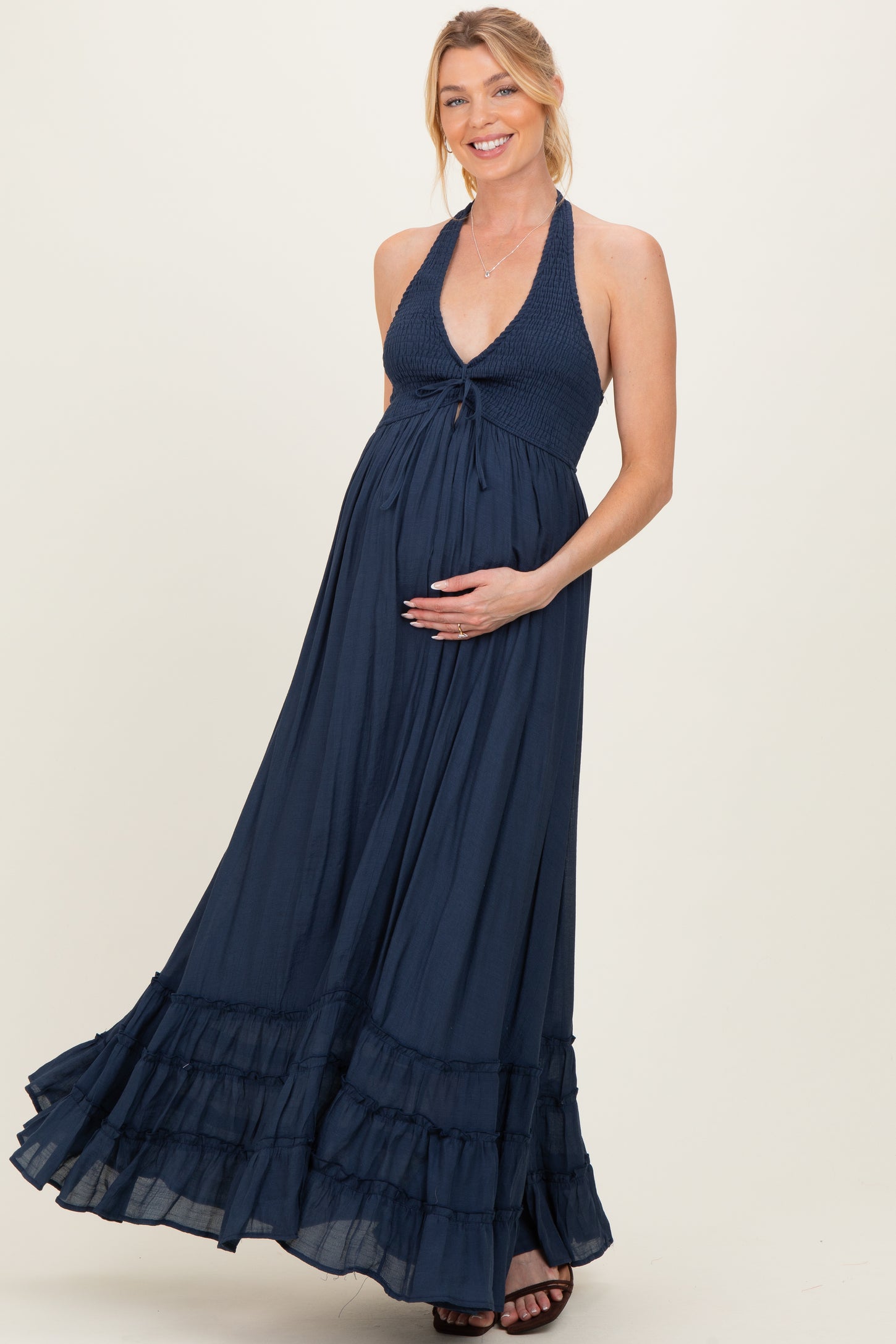 Navy Halter Neck Smocked Maternity Maxi Dress PinkBlush Navy Halter Neck Smocked Maternity Maxi Dress PinkBlush