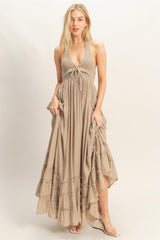 Taupe Halter Neck Smocked Maternity Maxi Dress