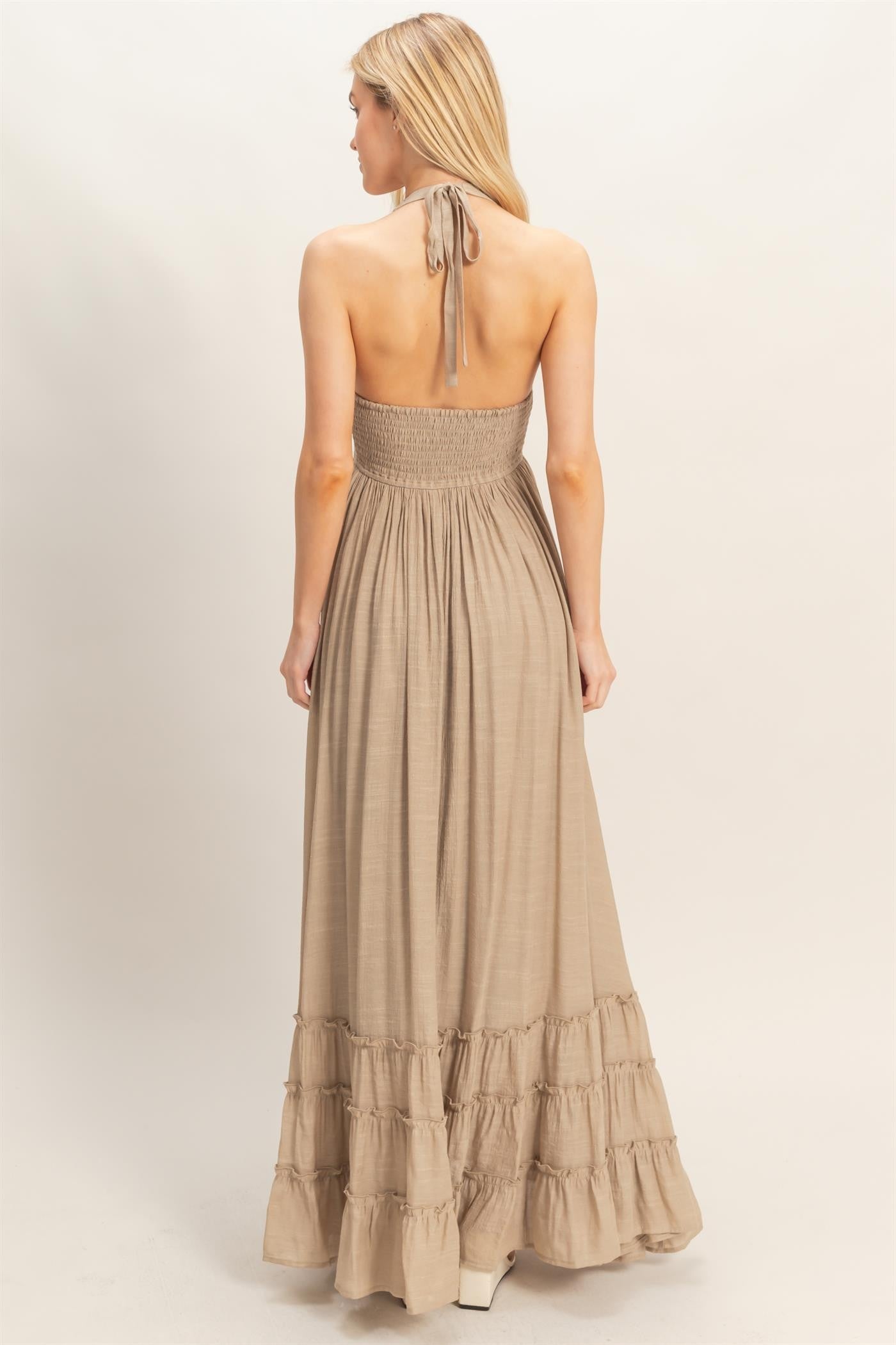 taupe halter dress Taupe Halter Neck Smocked Maxi Dress
