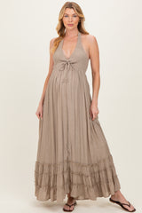 Taupe Halter Neck Smocked Maternity Maxi Dress