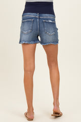 Blue Distressed Fringe Hem Maternity Jean Shorts