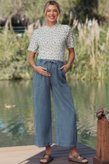 Blue Washed Denim Cropped Maternity Pants