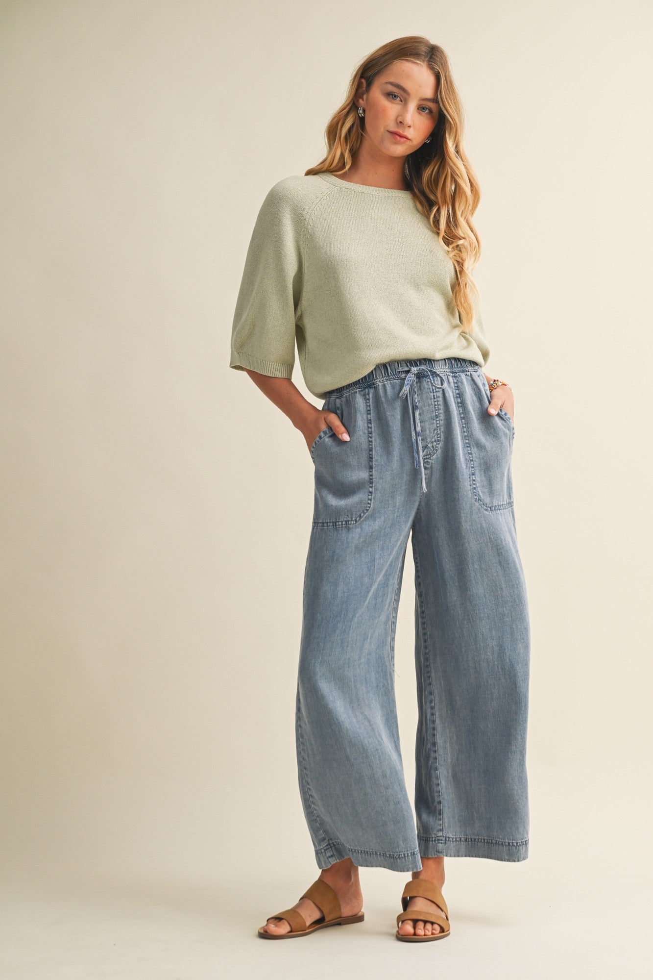 Blue Washed Denim Cropped Pants