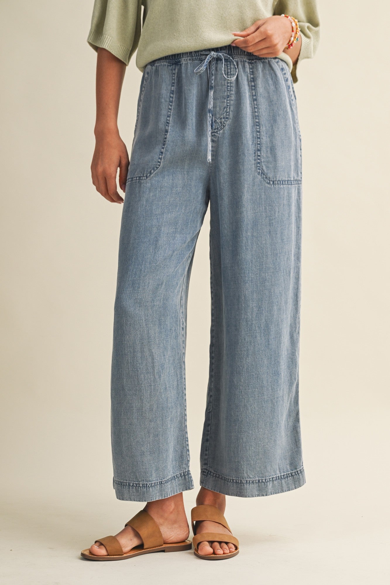 Blue Washed Denim Cropped Pants