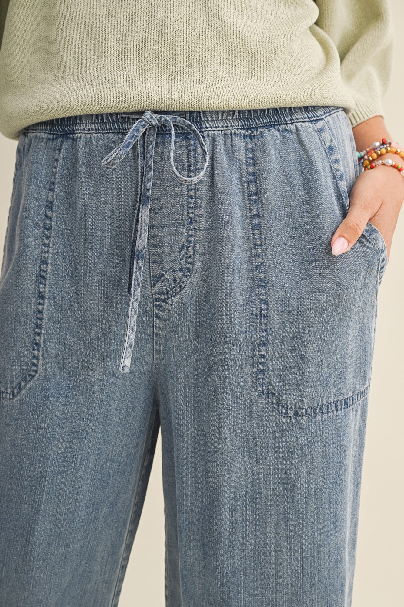 Blue Washed Denim Cropped Pants