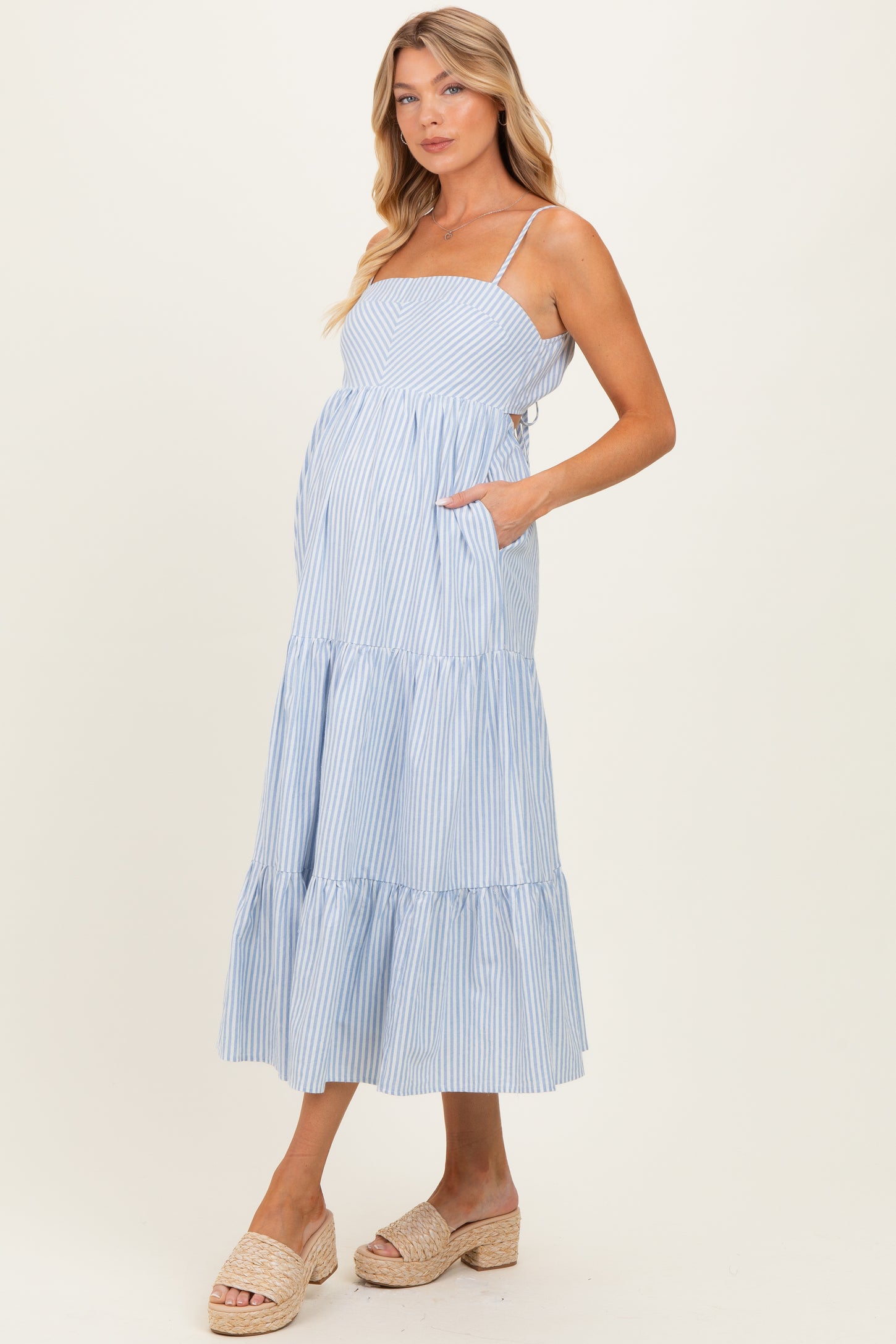 Light Blue Diagonal Stripe Front Tier Maternity Dress Light Blue Diagonal Stripe Front Tier Maternity Dress