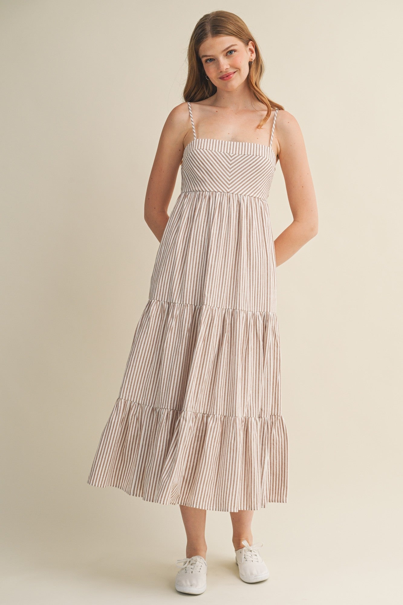 Light Taupe Diagonal Stripe Front Tier Maternity Dress
