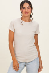 Oat Ribbed Short Sleeve Curved Hem Maternity Top
