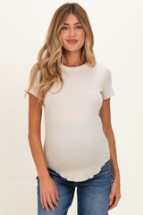 Oat Ribbed Short Sleeve Curved Hem Maternity Top