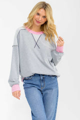 Heather Grey Contrast Band Exposed Seam Pullover