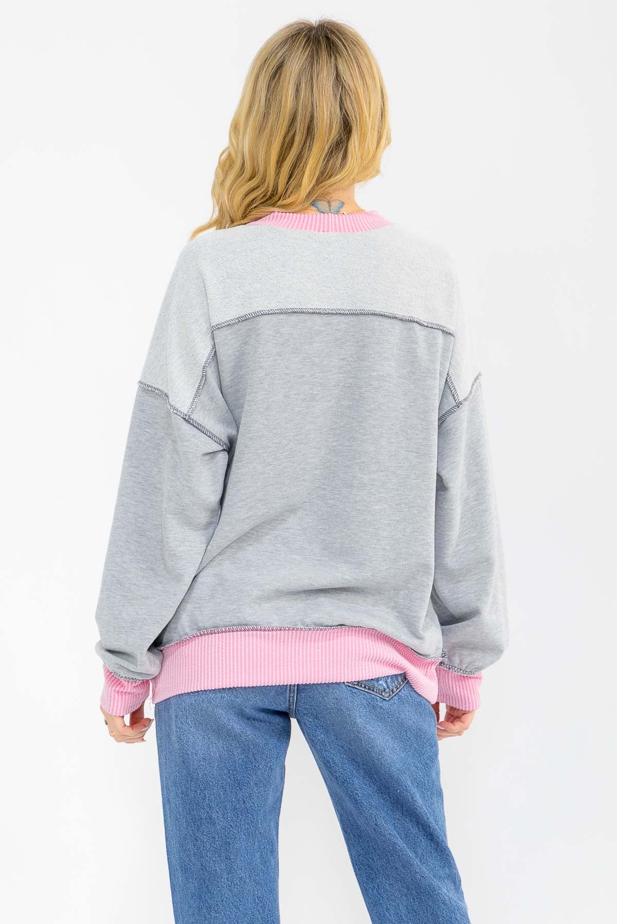 Heather Grey Contrast Band Exposed Seam Pullover