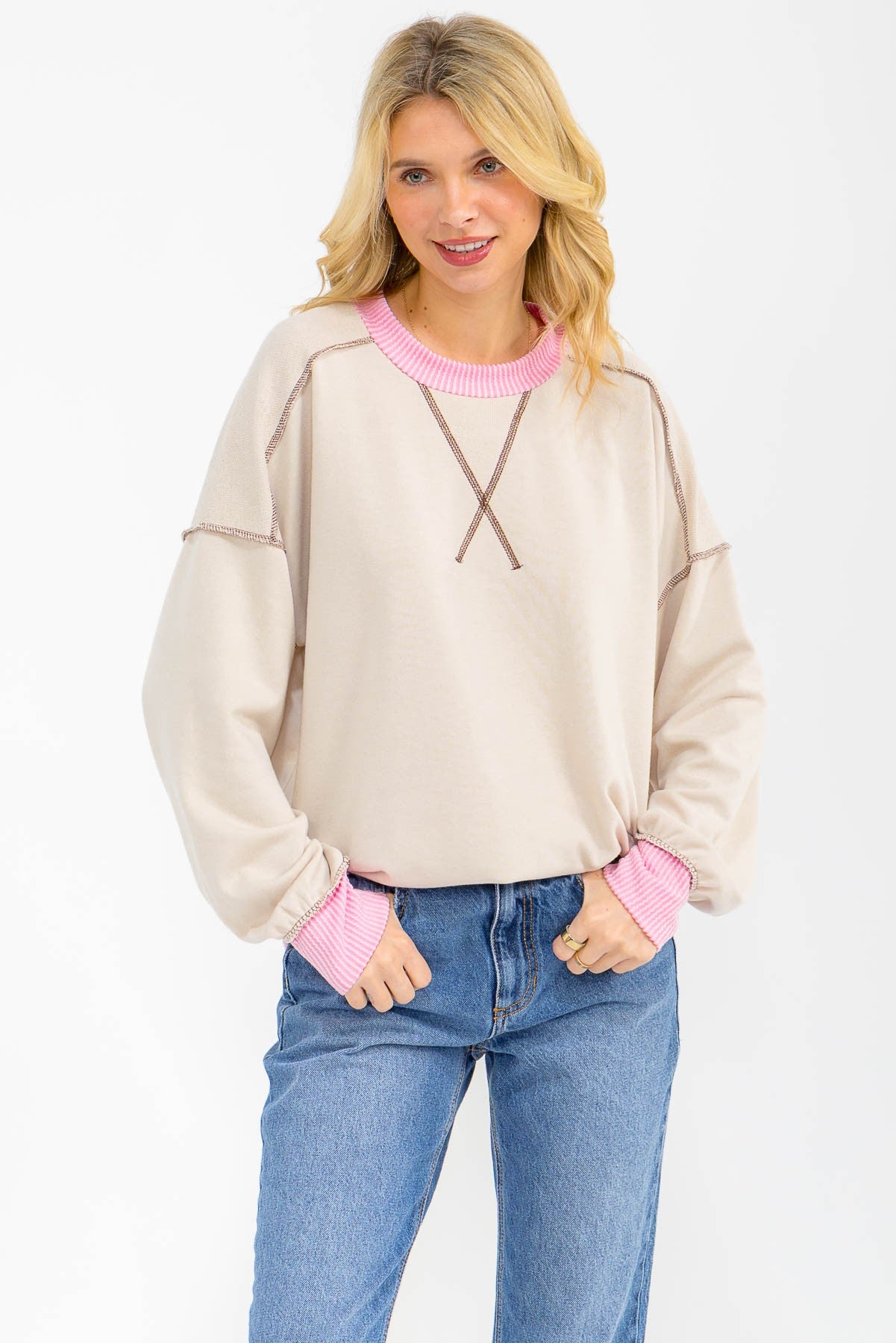 Cream Contrast Band Exposed Seam Pullover