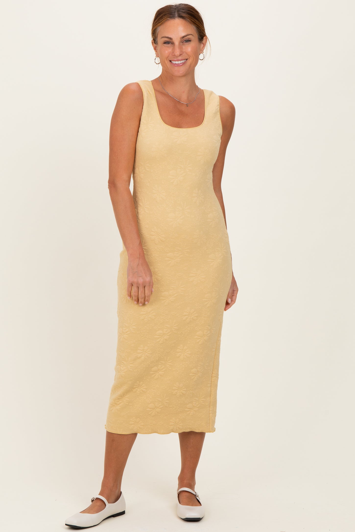 Yellow Sleek Floral Jacquard Bodycon Maternity Midi Dress