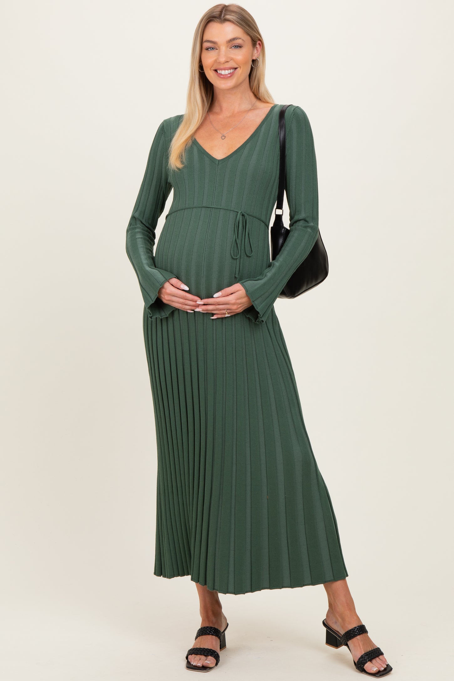 Olive Ribbed Maternity Knit Maxi Dress