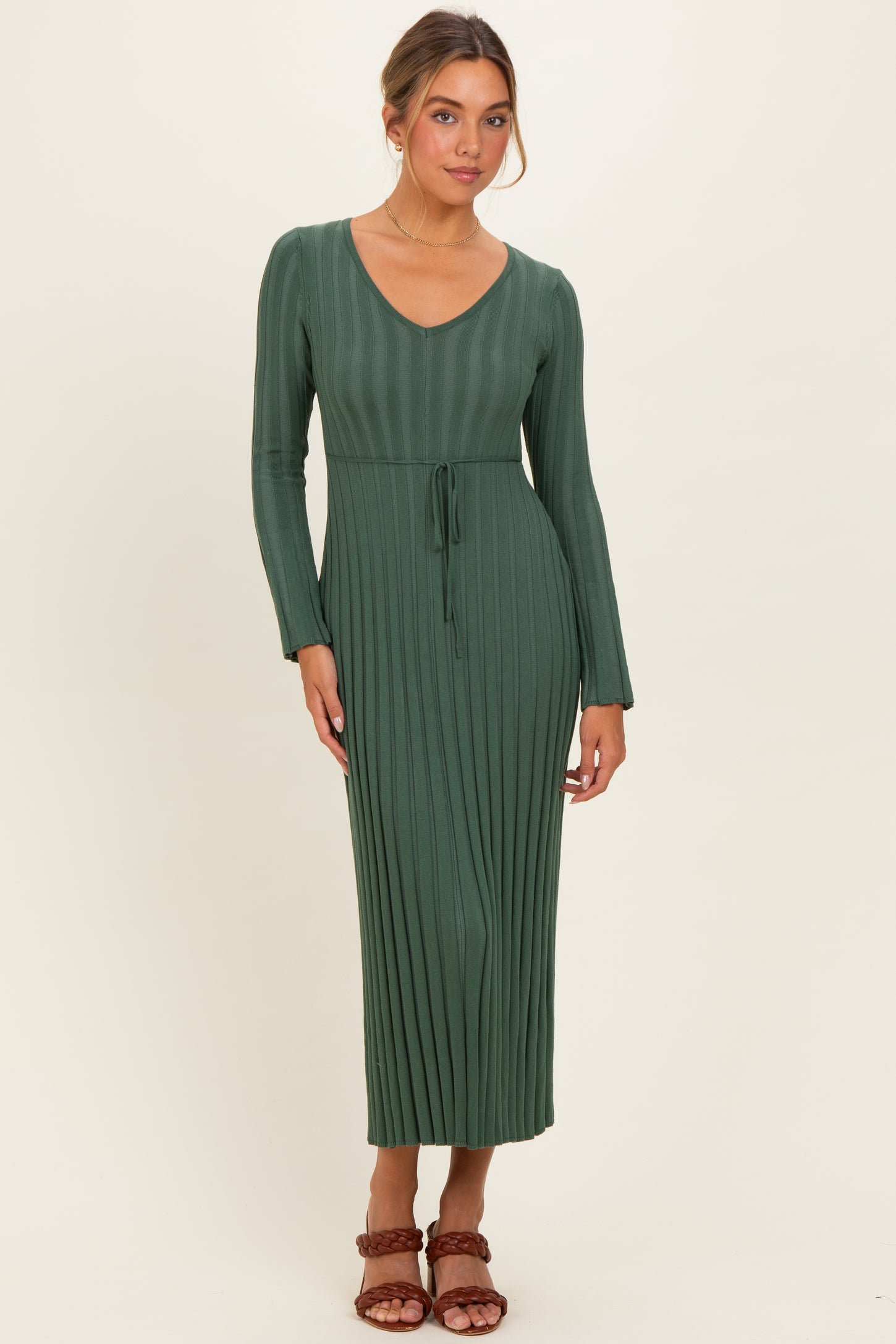 Olive Ribbed Knit Maxi Dress