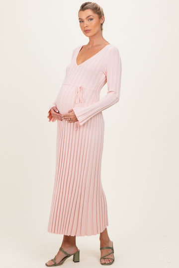 Light Pink Ribbed Maternity Knit Maxi Dress