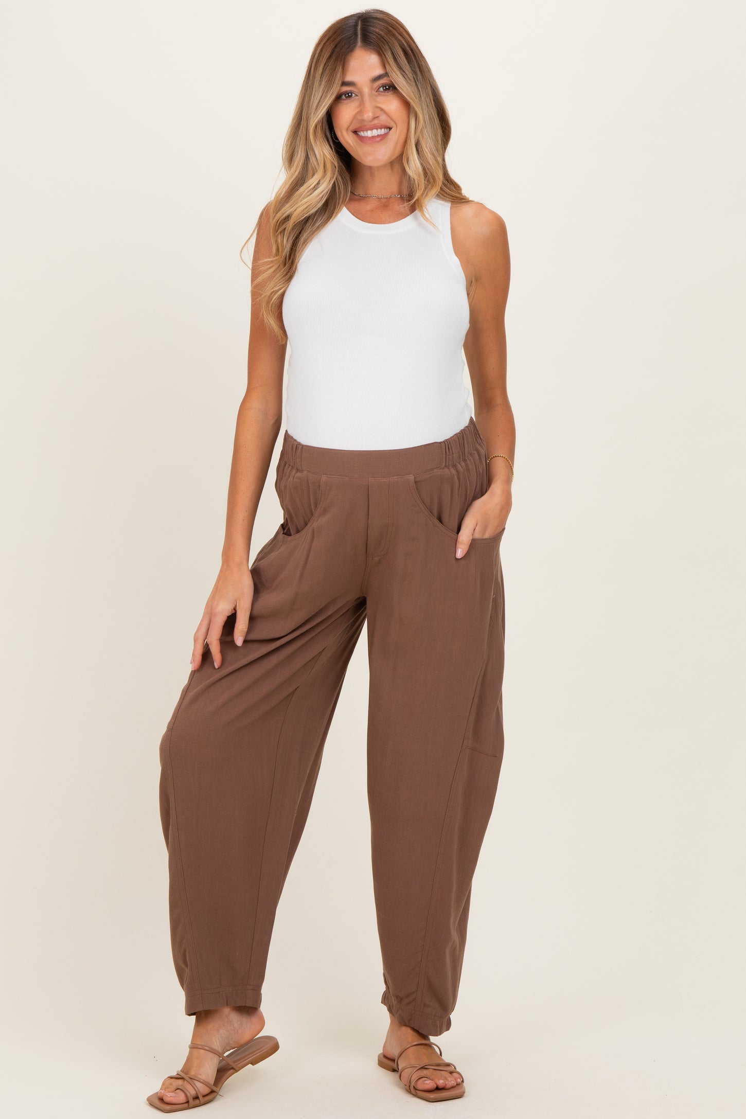 Cocoa Linen Blend Barrel Leg Maternity Pants