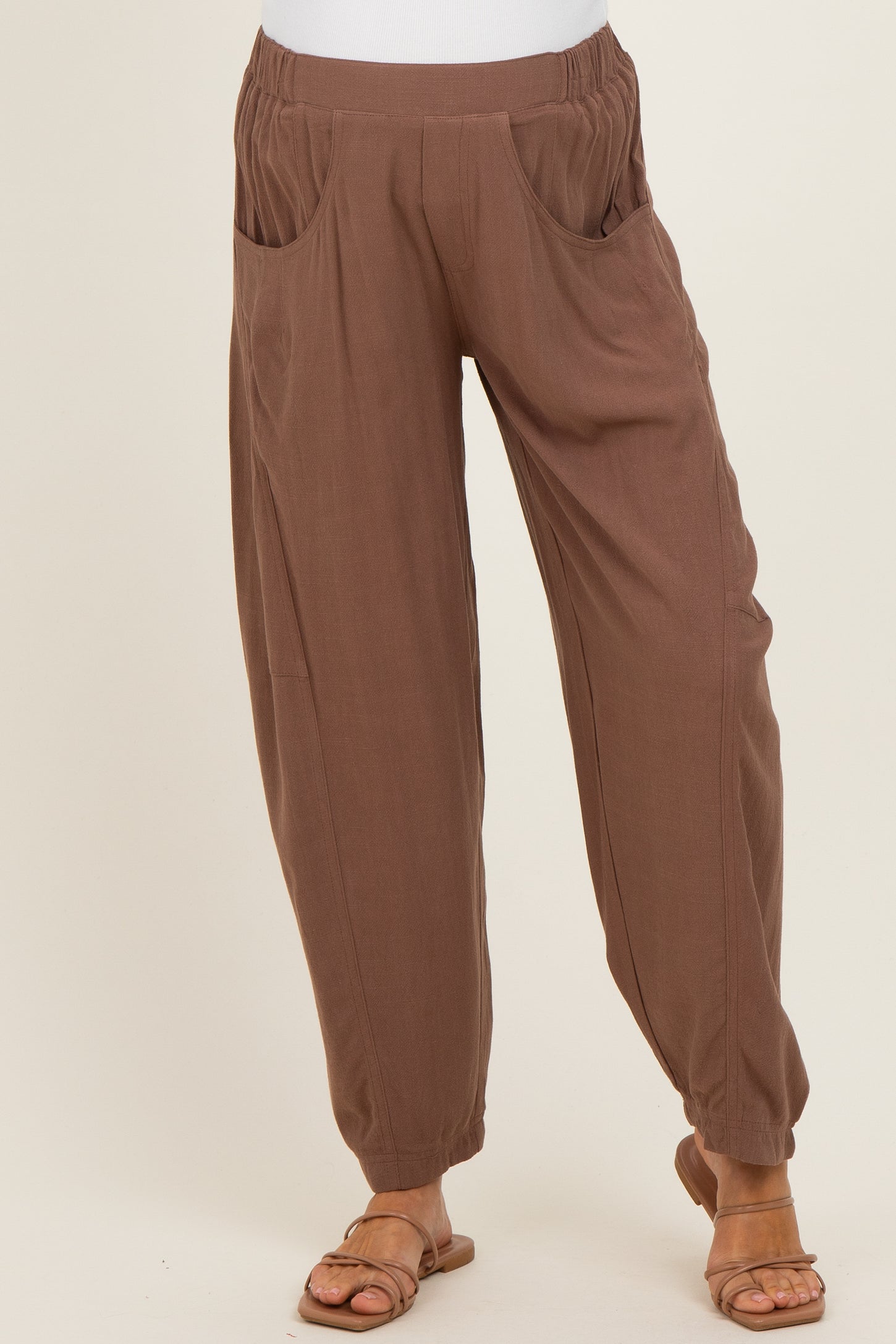 Cocoa Linen Blend Barrel Leg Maternity Pants