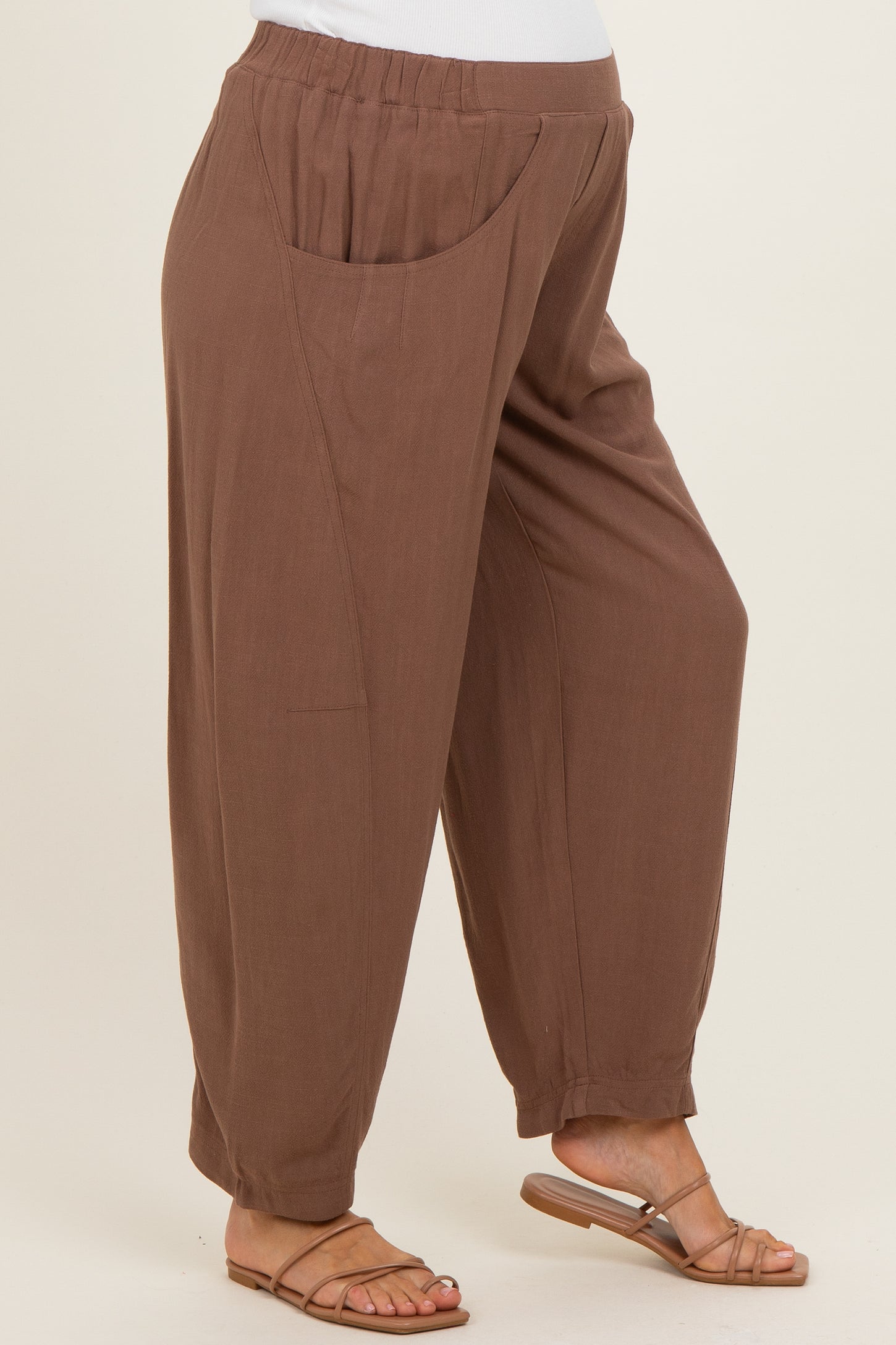 Cocoa Linen Blend Barrel Leg Maternity Pants