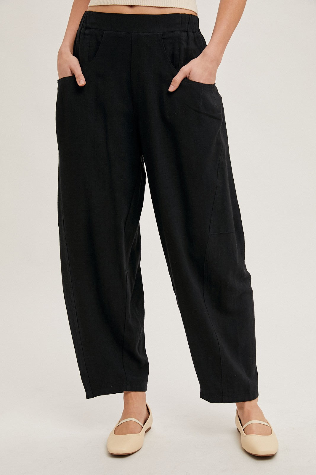 Black Linen Blend Barrel Leg Pants