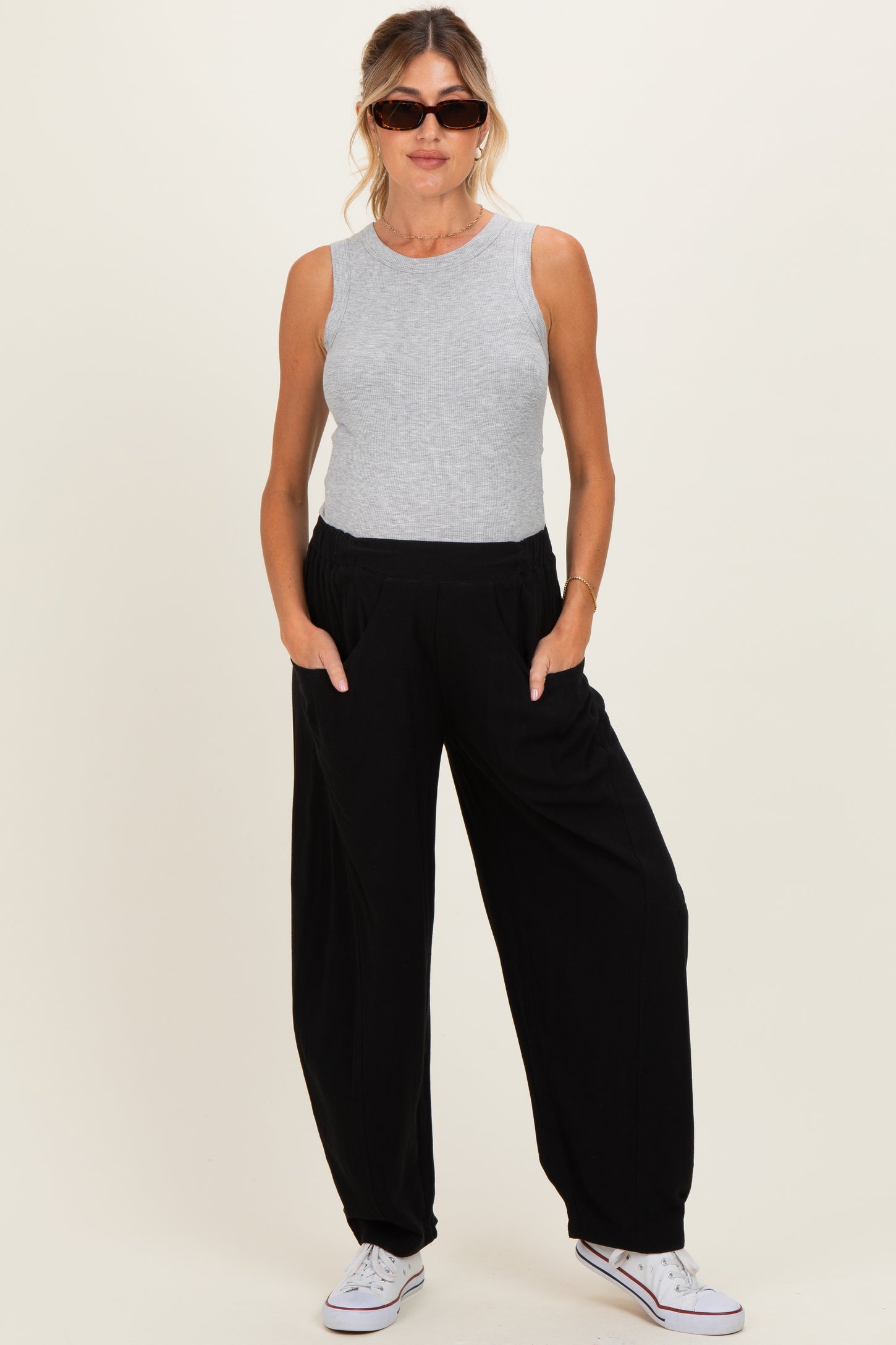 Black Linen Blend Barrel Leg Maternity Pants
