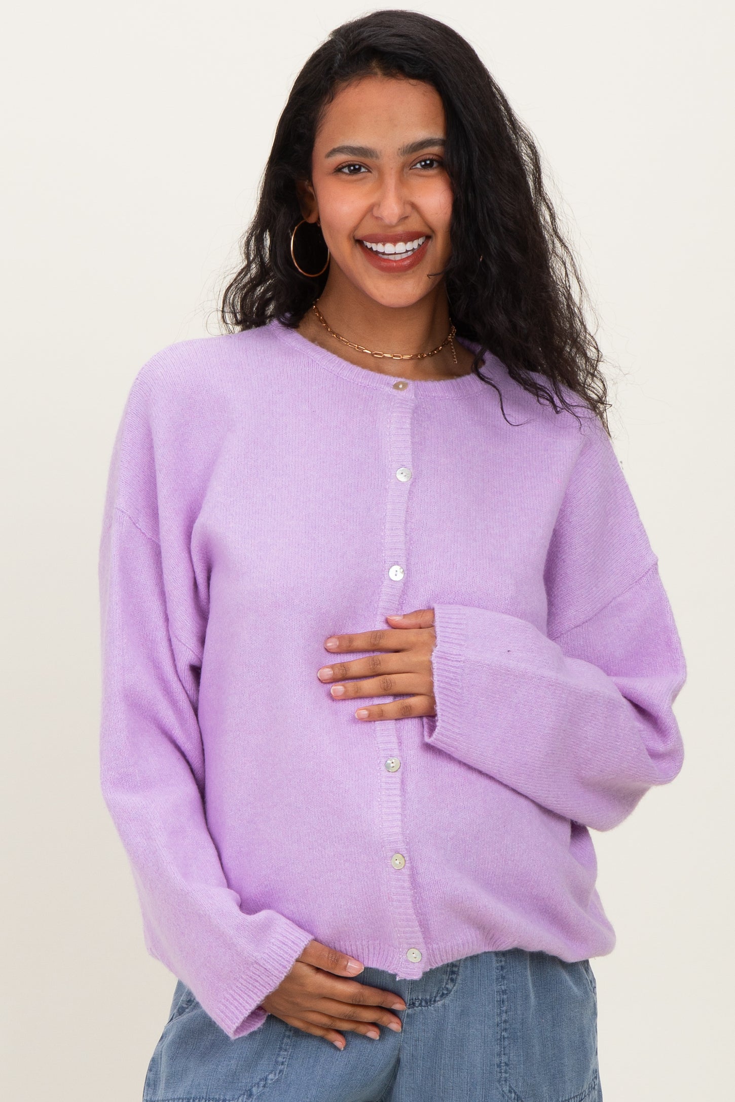 Lavender Classic Crew Neck Maternity Button Cardigan