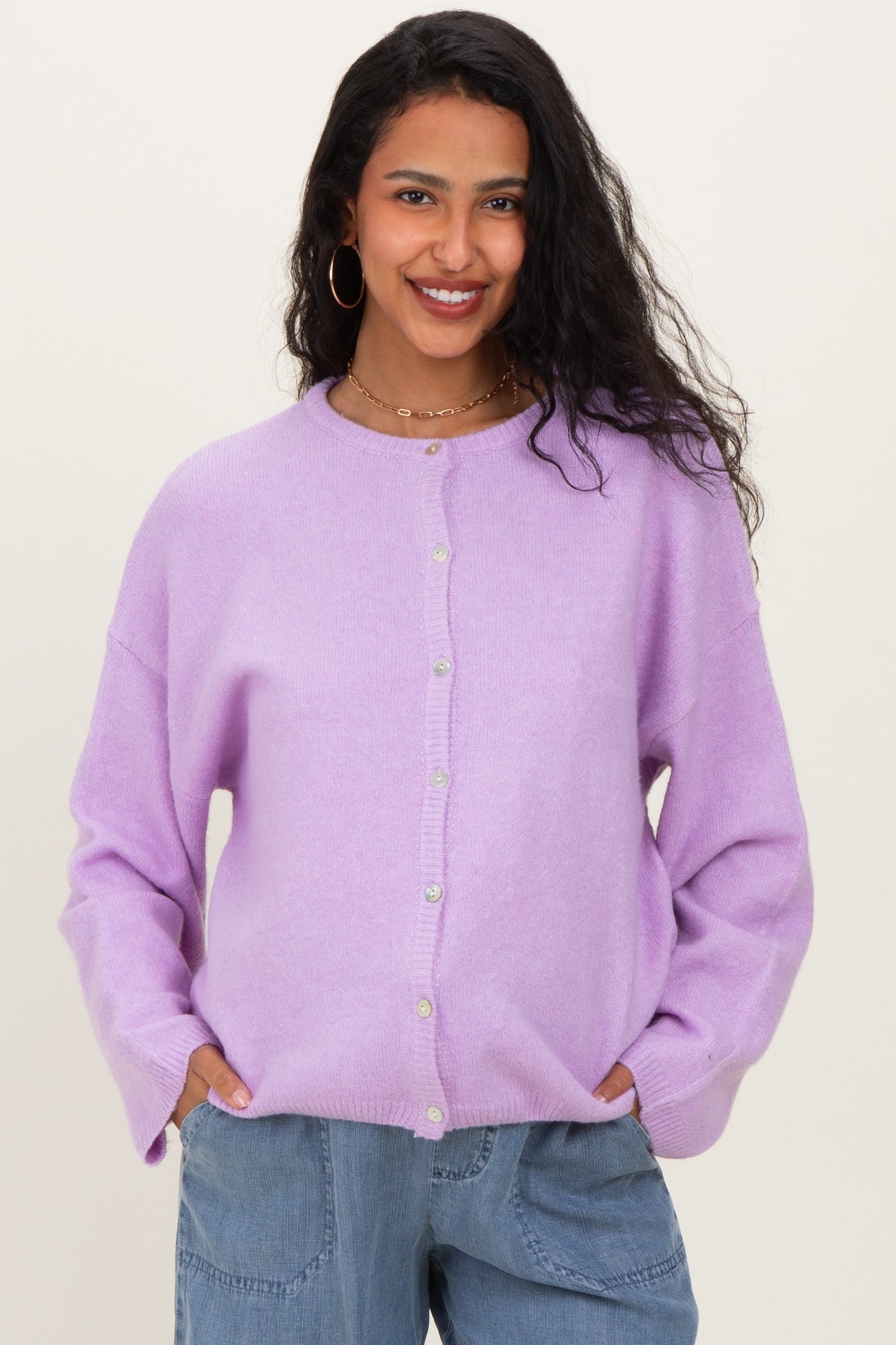 Lavender Classic Crew Neck Maternity Button Cardigan