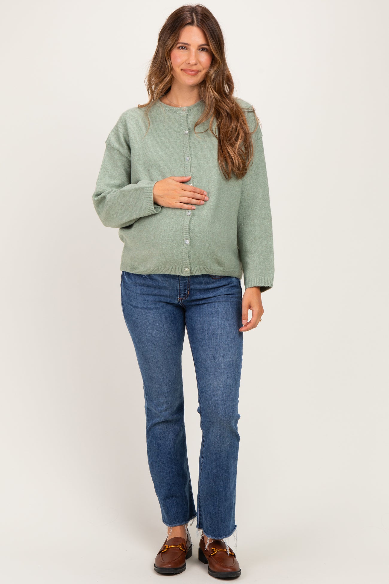 Sage Classic Crew Neck Maternity Button Cardigan