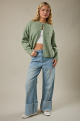 Sage Classic Crew Neck Button Cardigan