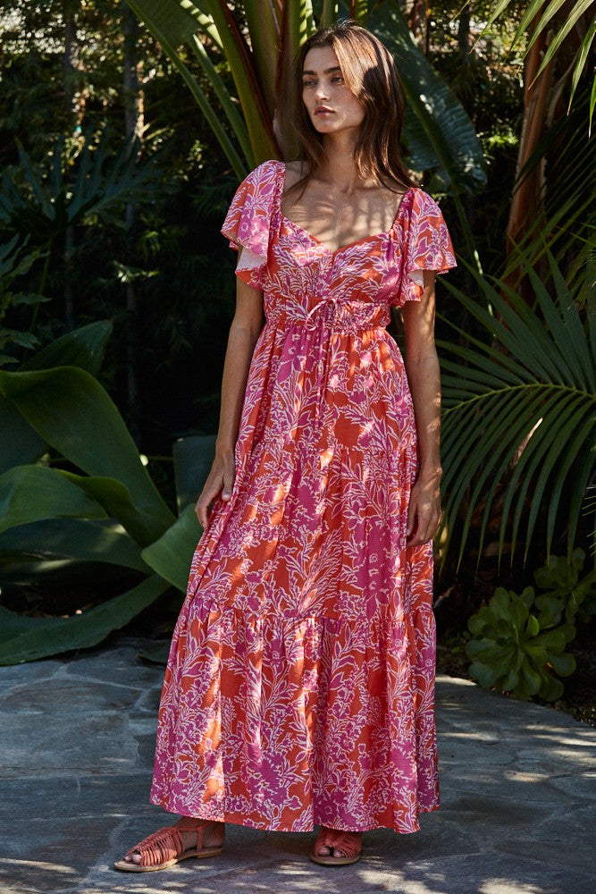 Fuchsia Floral Waist Tie Open Back Maxi