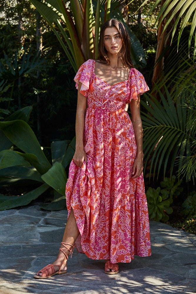 Fuchsia Floral Waist Tie Open Back Maxi