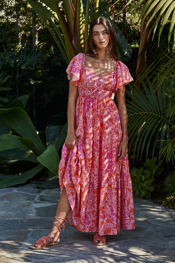 Fuchsia Floral Waist Tie Open Back Maxi