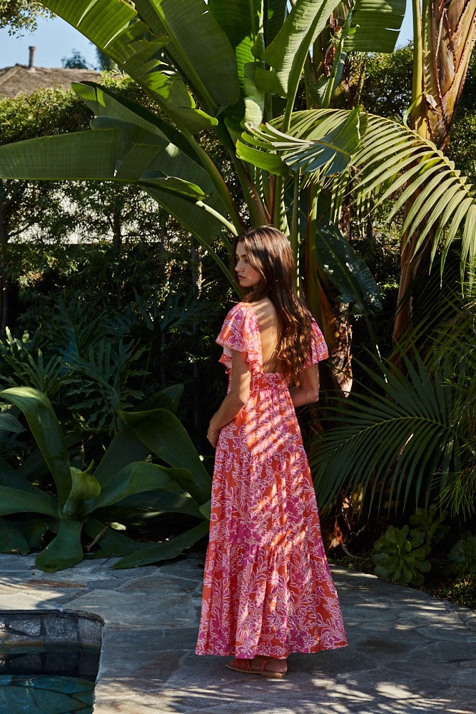 Fuchsia Floral Waist Tie Open Back Maxi