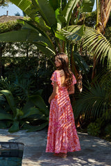 Fuchsia Floral Waist Tie Open Back Maxi