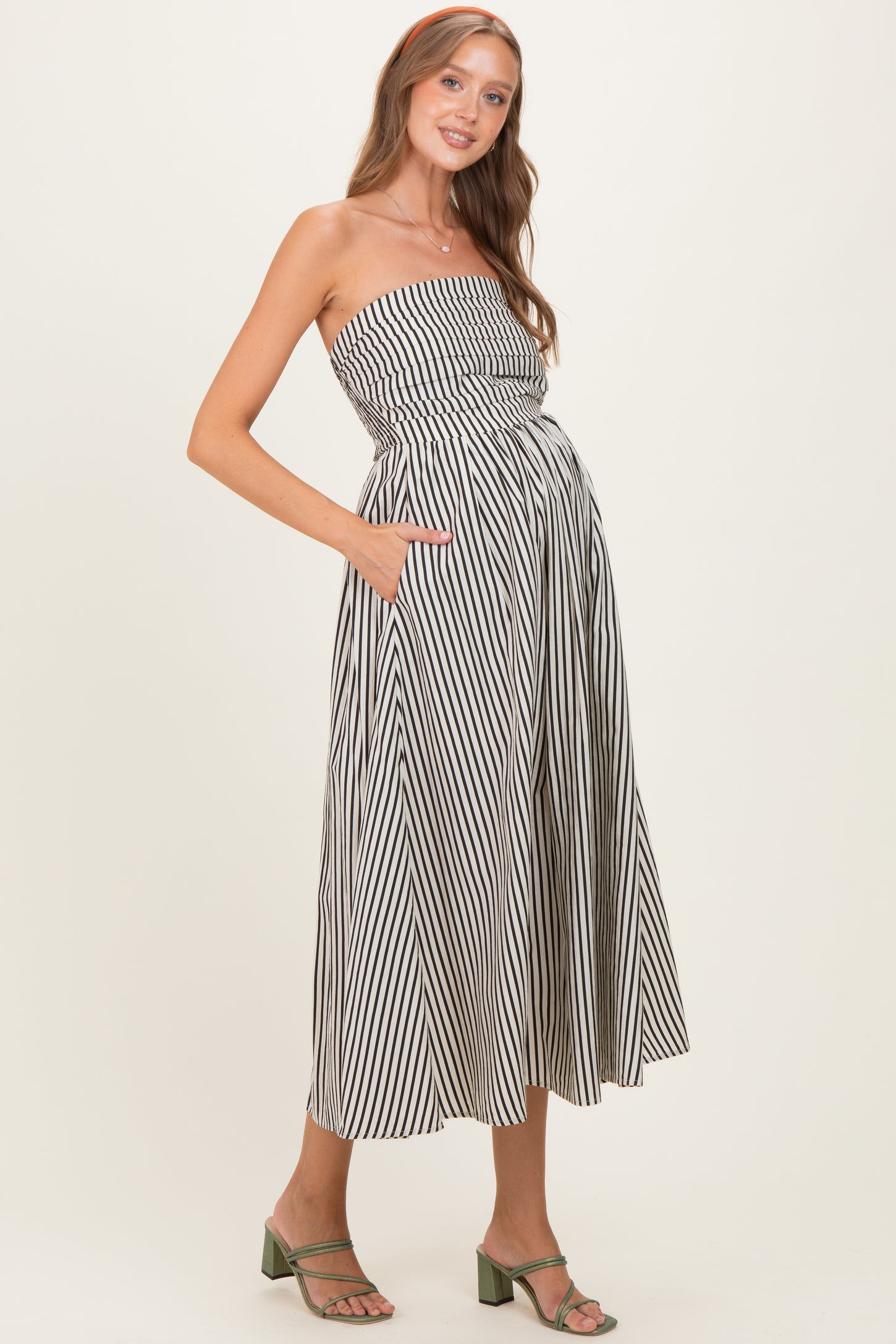 Off White Striped Strapless Maternity Maxi Dress